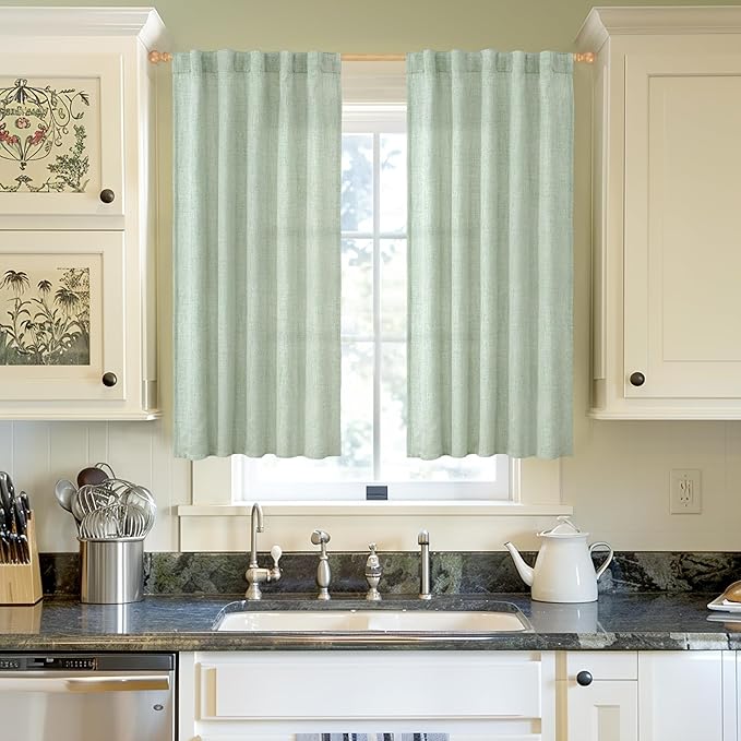 YoungsTex Sage Green Linen Curtains 54 Inch Length for Living Room Window, Short Light Filtering Drapes with Rod Pocket Back Tab Privacy for Bathroom Bedroom, 42 x 54 Inch, 2 Panels