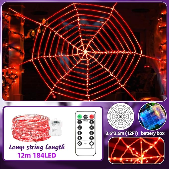 144 LED Round Halloween Spider Web Lights Decoration, 3.6 m Giant Net Light Fairy Lights with Remote Control Light Net Decoration Outdoor Indoor - Red