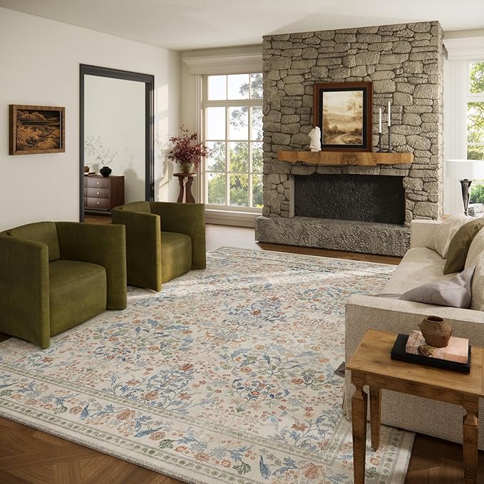 9x12 Area Rugs for Living Room: Washable Bedroom Rug Vintage Area Rug Stain Resistant Non Slip Low Pile Lightweight Soft Carpets for Dining Room Kitchen Nursery Kids Room Farmhouse