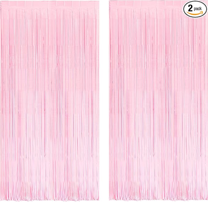 BRAVESHINE Pastel Pink Foil Fringe Curtains Tinsel Backdrop - 2 Pack Photo Booths Party Streamers for Christmas Snowflake Girls Princess Birthdays Bridal Shower Bachelorette Sweet Bow Decorations
