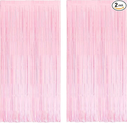 BRAVESHINE Pastel Pink Foil Fringe Curtains Tinsel Backdrop - 2 Pack Photo Booths Party Streamers for Christmas Snowflake Girls Princess Birthdays Bridal Shower Bachelorette Sweet Bow Decorations
