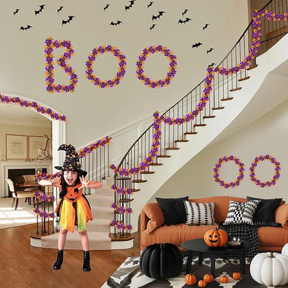 33FT Halloween Tinsel Garland with Orange Pumpkin Purple Bat Ornament, Shiny Metallic Twist Garland Outdoor Indoor Halloween Decorations for Home Table Office Classroom Fireplace Party Decor