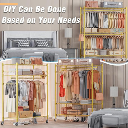 Homdox Rolling Garment Rack with Adjustable Wire Storage Racks, Heavy Duty Portable Closet for Hanging Clothes, Freestanding Closet Wardrobe Metal Clothing Rack, Gold