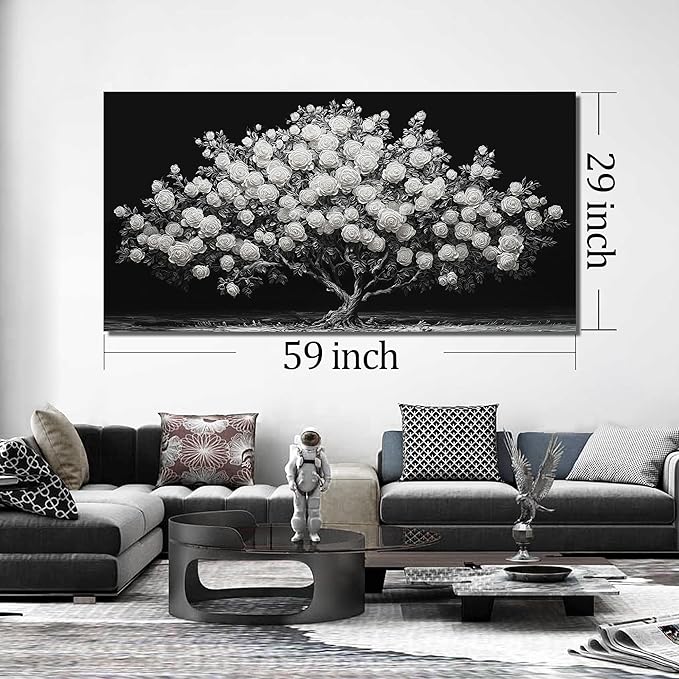 JuhaiArt Tree Painting Canvas Bedroom Black Poster Floral Wall Decor White Rose Wall Picture for Living Room Home Office 29"x 59"