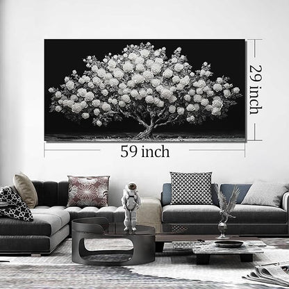 JuhaiArt Tree Painting Canvas Bedroom Black Poster Floral Wall Decor White Rose Wall Picture for Living Room Home Office 29"x 59"