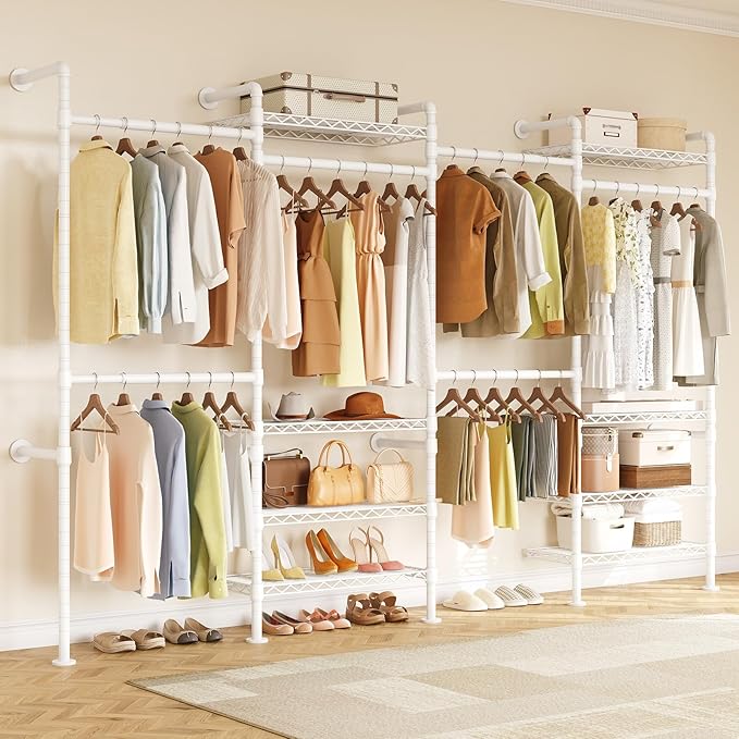 H4 Wall Mounted Closet System, Expandable Industrial Pipe Clothes Rack Clothing Rack for Hanging Clothes, Heavy Duty Closet Organizers and Storage in Wardrobe Closet - White