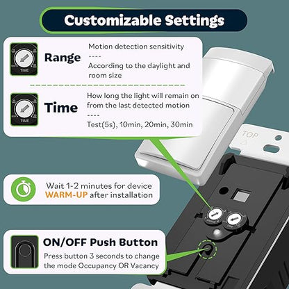 TOPGREENER PIR Motion Sensor Light Switch, Occupancy & Vacancy Motion Sensor Switch, 𝐎𝐩𝐞𝐫𝐚𝐛𝐥𝐞 𝐖𝐢𝐭𝐡𝐨𝐮𝐭 𝐆𝐫𝐨𝐮𝐧𝐝 𝐖𝐢𝐫𝐞, No Neutral Wire, Single Pole, TDOS5-HL-W-2PCS, White