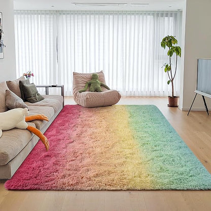 DweIke Luxury Fluffy Kids Rugs for Living Room Bedroom, 6x9 Large Shaggy Rainbow Pink Area Rug for Girls Boys, Upgrade Plush Non-Slip and Washable Colorful Fuzzy Carpet for Dorm Nursery Decor