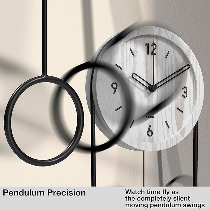 Driini Decorative Wall Clock with Pendulum (White) – Modern Wood, 3D Black Numbers, Metal Frame – Small, Unique Wall Clocks for Living Room Decor or Bathroom - Battery Operated, Silent, Non-Ticking