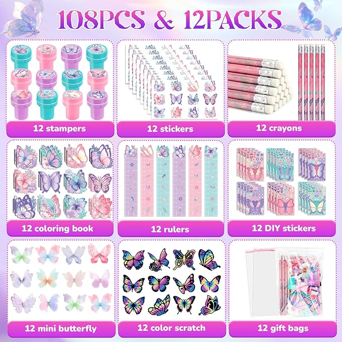 BenLouis 108Pcs Butterfly Party Favors Butterfly Fairy School Stationery Set Bulk for Kids Spring Flower Tea Birthday Birthday Goodie Bag Stuffers Classroom Gifts Rewards Pinata Filler