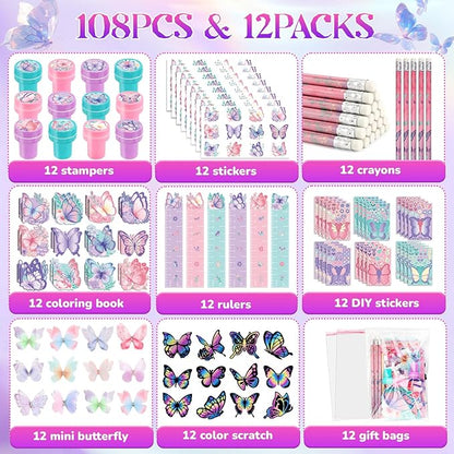 BenLouis 108Pcs Butterfly Party Favors Butterfly Fairy School Stationery Set Bulk for Kids Spring Flower Tea Birthday Birthday Goodie Bag Stuffers Classroom Gifts Rewards Pinata Filler