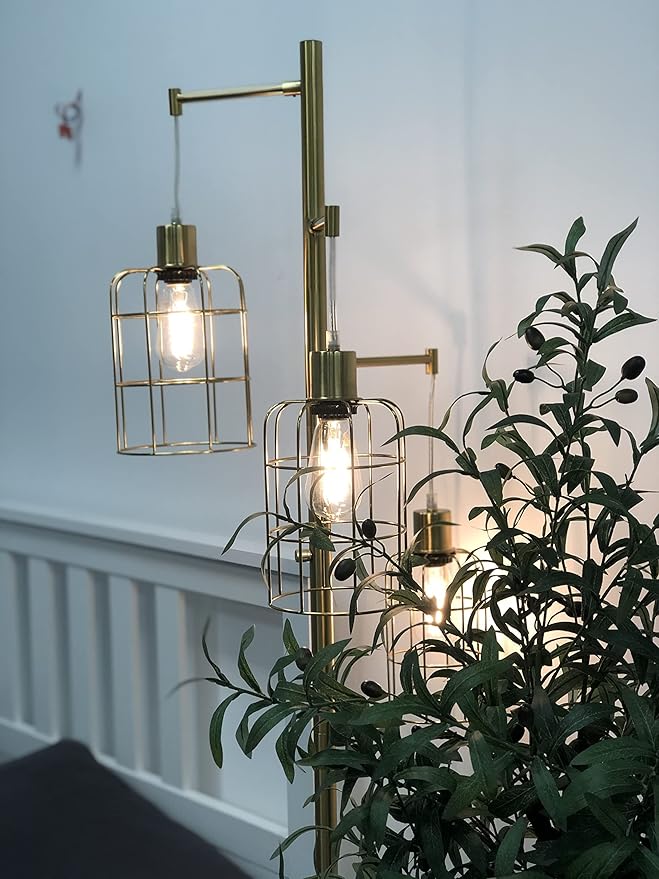 ELYONA Modern Dimmable Floor Lamp for Living Room, Gold Tree Standing Light with 3 Metal Cage Shades, Industrial 71” Tall Pole Floor Lamps for Bedroom Reading, Office, LED Edison Bulbs Included
