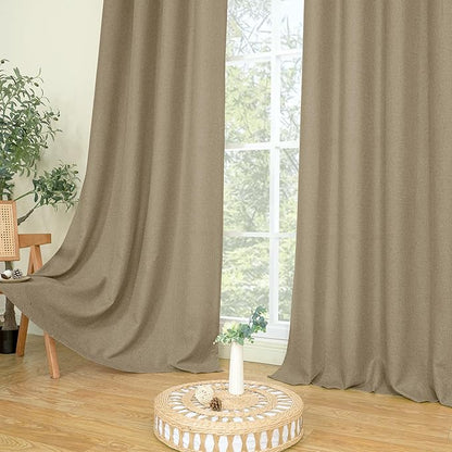 LAMIT Natural Linen Curtains 84 inch Length 2 Panels, Linen Textured Thermal Insulated Bedroom Curtains Grommet Privacy Light Filtering Drapes for Living Room/Farmhouse, W52 x L84, Tan Brown