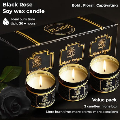 Black Rose Candle Strong Scented Soy Candel Clean Non Toxic Velas Aromáticas Gift for Women 5Oz Decorative Tin Jars with Lids Pack of 3