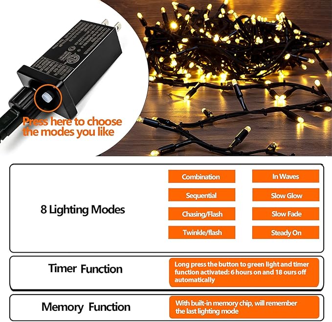 Upgraded 75.8 FT 200 LED Christmas String Lights Outdoor/Indoor, Timer & Memory Function & 8 Modes, Extendable Green Wire Waterproof Fairy String Lights for Xmas Tree Holiday Party Garden (Warm White)