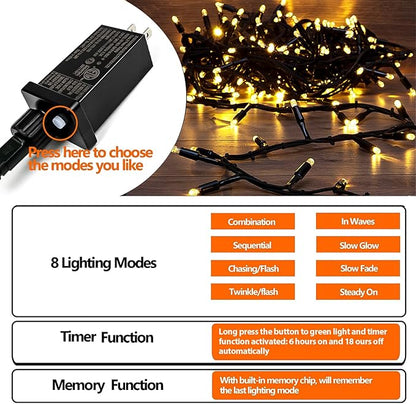 Upgraded 75.8 FT 200 LED Christmas String Lights Outdoor/Indoor, Timer & Memory Function & 8 Modes, Extendable Green Wire Waterproof Fairy String Lights for Xmas Tree Holiday Party Garden (Warm White)