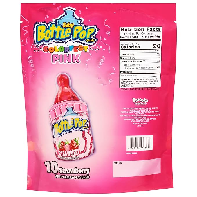 Baby Bottle Pop Valentine's Candy Pink Lollipops, 10 Ct Lollipops with Dipping Powder in Pink Strawberry Flavor, Full Size, Individually Wrapped Hard Candy For Valentine's Goodie Bags, Party Favors