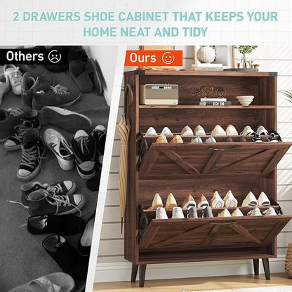 Vabches Shoe Storage Cabinet with 2 Flip Drawers,Freestanding Narrow Shoe Organizer with Open Storage,Hidden Slim Shoe Rack Cabinet for Entryway,Hallway,Dark Walnut