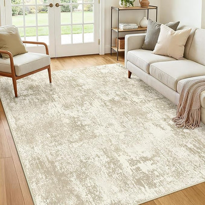Washable Area Rugs 8'x10' Non-Slip Modern Abstract Soft for Living Room Entryway Bedroom Nursery, Print Pattern, Beige Cream Brown