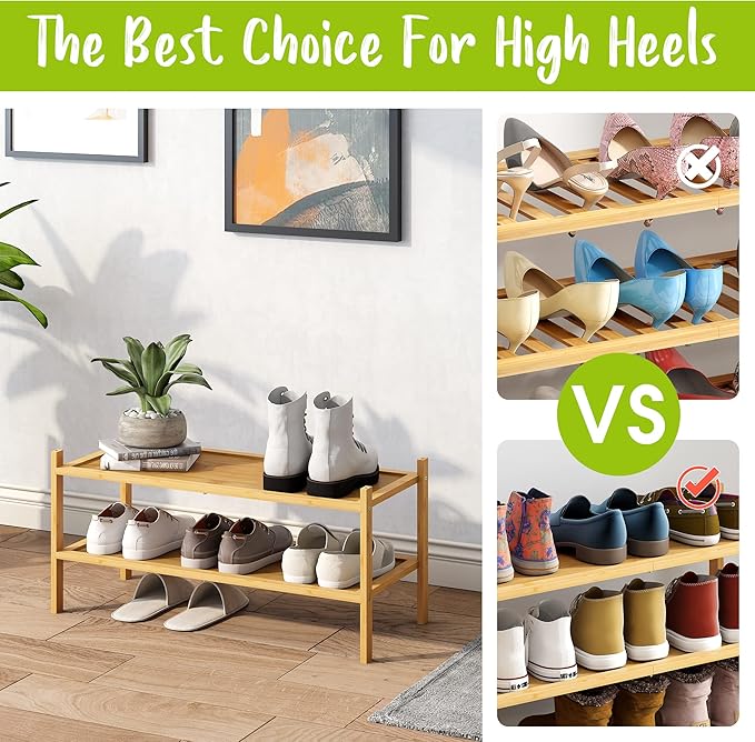 BMOSU 2-Tier Bamboo Shoe Rack Premium Stackable Shoe Shelf Storage Organizer for Hallway Closet Living Room Entryway Organizer(Natural)