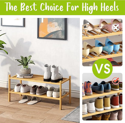 BMOSU 2-Tier Bamboo Shoe Rack Premium Stackable Shoe Shelf Storage Organizer for Hallway Closet Living Room Entryway Organizer(Natural)