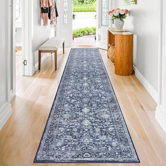 KILOCOCO Runner for Hallway 2.6x14 Runner Rug Printed Vintage Floral Washable Rug Kitchen Runners Soft Non-Slip Low Pile Hallway Runners Laundry Room Distressed Boho Rugs, Blue