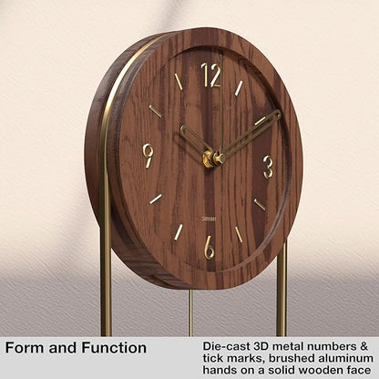 Driini Decorative Wall Clock with Pendulum (Dark) – Modern Wood, 3D Gold Numbers, Metal Frame – Small, Unique Wall Clocks for Living Room Decor or Bathroom - Battery Operated, Silent, Non-Ticking