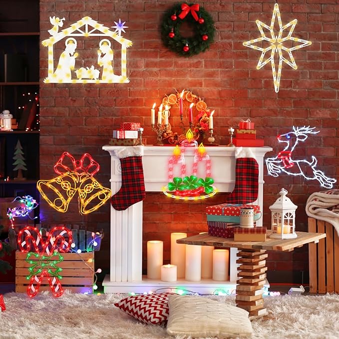 16" Christmas Window Silhouette Lights - 6 Pack Colour Lighted Bell & Candy Cane & Candle & Nativity & Bethlehem Star & Reindeer for Holiday Indoor and Outdoor Wall Door Window Decorate