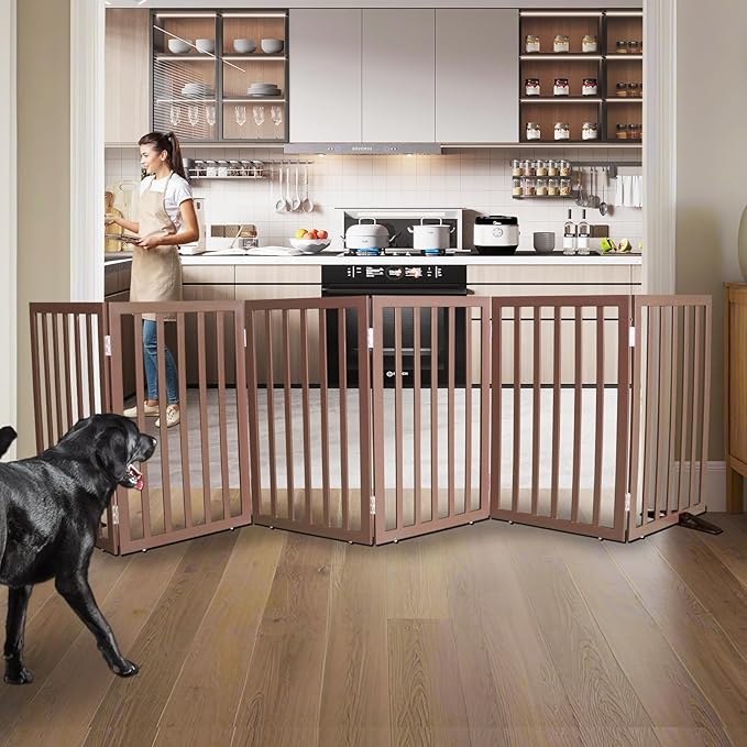 Dog Gate Indoor, Freestanding Dog Fence for The House, Doorways, Hallways,or Stairs,Pet Gate Foldable Wooden,Expandable 32" Height 6 Panels,Brown