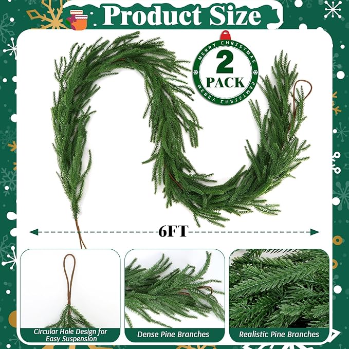 2 Pcs 6 Ft Norfolk Pine Garlands, Christmas Garlands, Real Touch Winter Pine Garland, Artificial Faux Greenery Garland for Table, Mantle, Wall, Staircase, Indoor, Outdoor Christmas Decorations