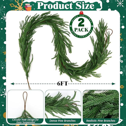 2 Pcs 6 Ft Norfolk Pine Garlands, Christmas Garlands, Real Touch Winter Pine Garland, Artificial Faux Greenery Garland for Table, Mantle, Wall, Staircase, Indoor, Outdoor Christmas Decorations