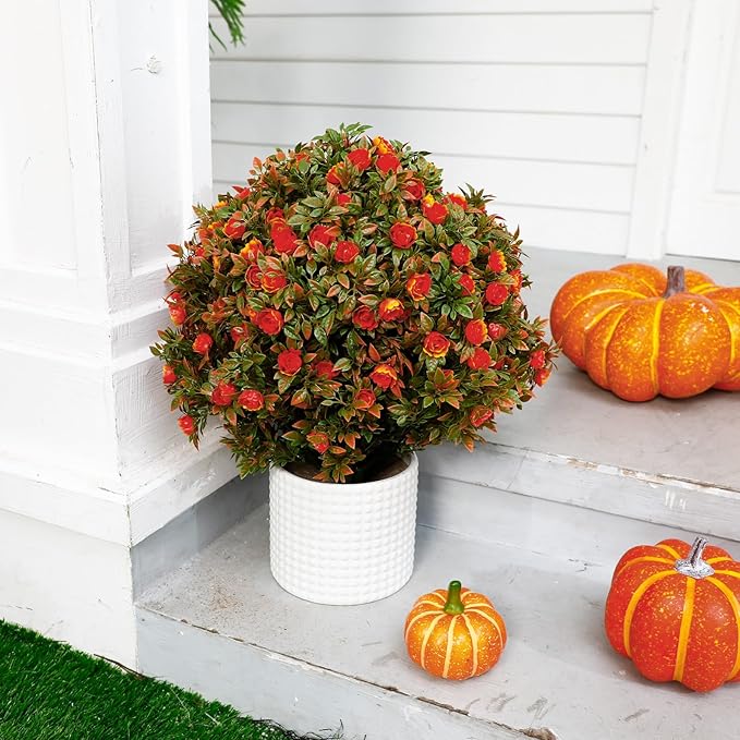 24 Fall Artificial Topiary Ball Trees with Flowers Set of 2, Outdoor Fake Topiary with Ground Spike, UV Resistant Faux Artificial Plant Bushe for Indoor Front Porch Garden(2 Pack, Orange)