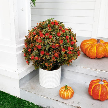 24 Fall Artificial Topiary Ball Trees with Flowers Set of 2, Outdoor Fake Topiary with Ground Spike, UV Resistant Faux Artificial Plant Bushe for Indoor Front Porch Garden(2 Pack, Orange)