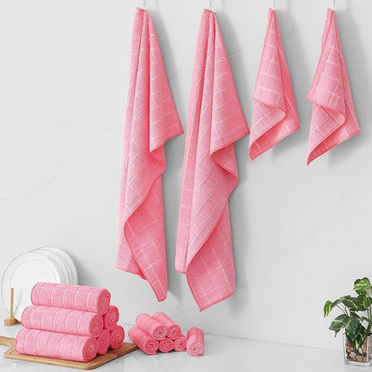 Homaxy Microfiber Kitchen Towels and Dishcloths Set, 16 Pack Soft and Absorbent Dish Hand Towels Bulk, 28 x 16 Inch & 12 x 12 Inch Quick Drying Rags for Washing Dishes, Pink