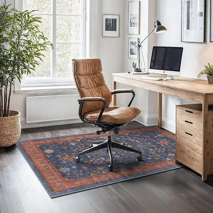 Large 3x5 Kitchen Rug Non Slip Machine Washable, Throw Rugs for Entryway Indoor, Floor Mat, Home Office Under Chair - Stain Resistant Non Skid Rubber Backing, Tribal Farmhouse Décor (3x5 Navy Blue)