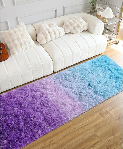 DweIke Luxury Shaggy Runner Rugs for Bedroom, 2x6 Feet Fluffy Runners Carpet for Girls Boys Kids, Non-Slip Extra Comfy Plush Bed Beside Rug for Living Room Nursery Home Decor, Purple and Blue