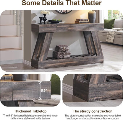 60" Farmhouse Entryway Table with Drawer, Entry Table with Storage, Sofa Table for Living Room, Behind Couch, Sofa(Dark Rustic Oak)