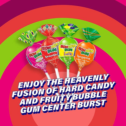 Colombina Bon Bon Bum Lollipops w/Bubble Gum Center, Assorted Flavors, Individually Wrapped, Ideal for Party Favors and Gifts, 1 Pack (24 Count)