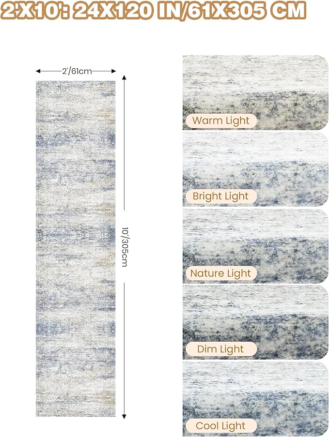 Long Rugs Runner - Washable Runner Rugs for Hallway 2x10, Ultra-Thin Soft Kitchen Carpet Runner, Anti Slip Backing Runner Rugs for Entrance, Bedroom, Living Room(2'x10', Blue/Brown/Ivory)