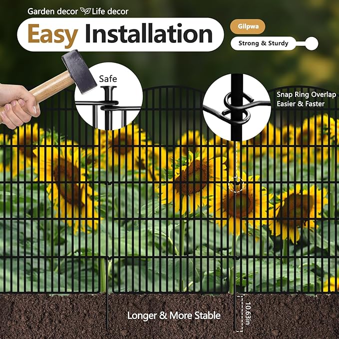 10 Panels Decorative Garden Metal Fence, 48in (H) x 24ft (L) No Dig Dog Fencing for Outdoor Yard, Rustproof Animal Ground Stakes Temporary Panel Border Barrier for Patio Flower Bed Camping