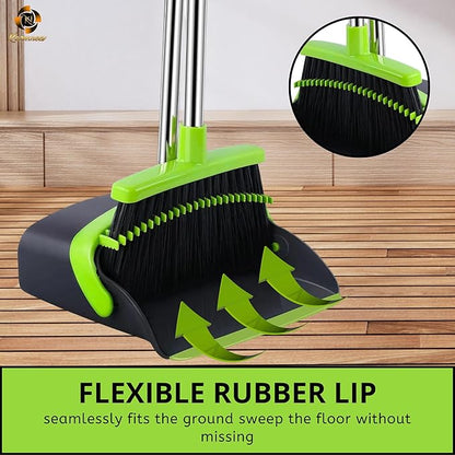 Standing Broom and Dustpan Set, Built-in Scraper Teeth, No-Slip Grip, Dust Collection Tray for Home, Office, Lobby, and Outdoor, Adjustable Handle from 38.18" to 52" (Black & Green)