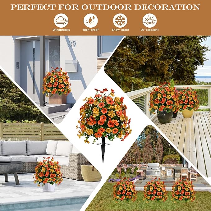 23" Set of 2 Artificial Boxwood Topiary Flowers Ball with Spikes for Outdoor Fall Decorations, Faux Greenery Shrubs,Fake Bushes Plants for Garden, Yard, Front Porch, Patio（Orange Green ）