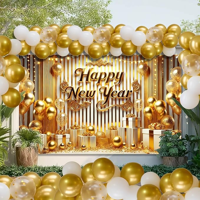 Happy New Year Banner 2026 71 x 43 Inch Gold New Year Party Decoration Photo Backdrop for Celebration Holiday Party Decor Wall Hanging Indoor Outdoor Event