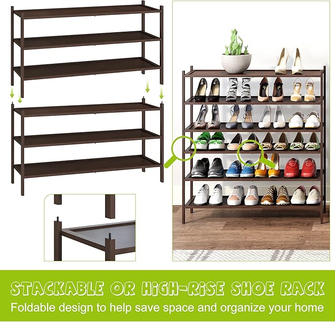 BMOSU 3-Tier Bamboo Extended Shoe Rack Premium Stackable Shoe Shelf Storage Organizer for Hallway Closet Living Room Entryway Organizer(Brown)