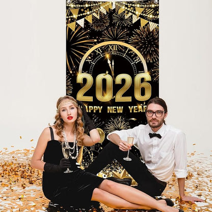 MEHOFOND 2026 Happy New Year Door Cover, Black and Gold New Year Front Door Party Decorations, Cheers to 2026 Hello 2026 Fireworks Champagne Balloon Decor Holiday Party Photo Booth Props