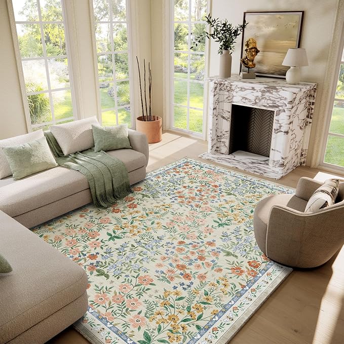 Machine Washable Rugs for Living Room: 6x9 Area Rugs for Bedroom Vintage Stain Resistant Non Slip Low Pile Lightweight Soft Carpet for Dining Room Kitchen Farmhouse Kids Room Nursery Indoor