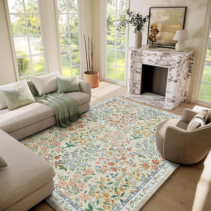 Machine Washable Rugs for Living Room: 6x9 Area Rugs for Bedroom Vintage Stain Resistant Non Slip Low Pile Lightweight Soft Carpet for Dining Room Kitchen Farmhouse Kids Room Nursery Indoor