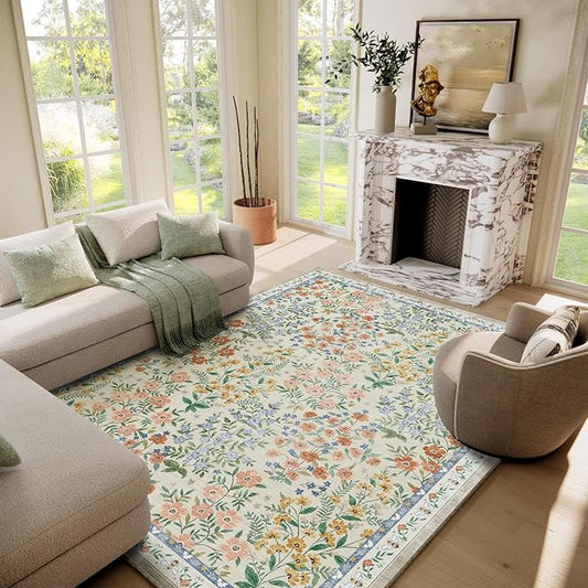 Machine Washable Rugs for Living Room: 6x9 Area Rugs for Bedroom Vintage Stain Resistant Non Slip Low Pile Lightweight Soft Carpet for Dining Room Kitchen Farmhouse Kids Room Nursery Indoor