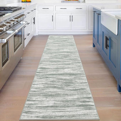 KOZYFLY Modern Abstract Hallway Runner Rug, 2x8 Kitchen Rugs Non-Slip Washable Soft Striped Runner Rugs, Print Grey Green Carpet Runner for Entryway Bathroom Laundry Room Foyer