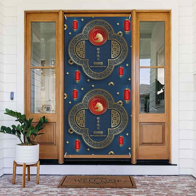 Year Of The Horse Happy Chinese New Year 2026 Door Cover Decorations Banner Flag Welcome Hanging Backdrop Sign Party Background Decor Holiday Supplies 35 * 72 Inches